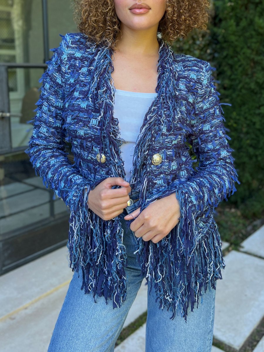 Blue Open Front Fringe Jacket