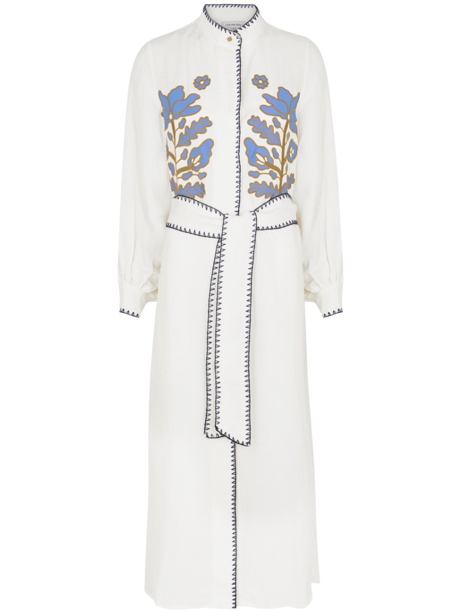 White Embroidered Linen-blend Midi Dress