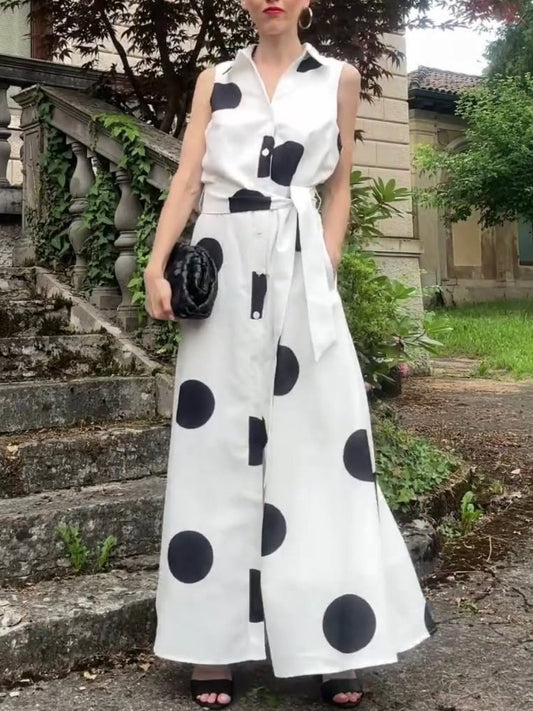 Polka Dot Sleeveless Tie Belt Maxi Dress