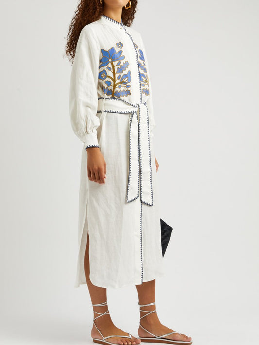 White Embroidered Linen-blend Midi Dress