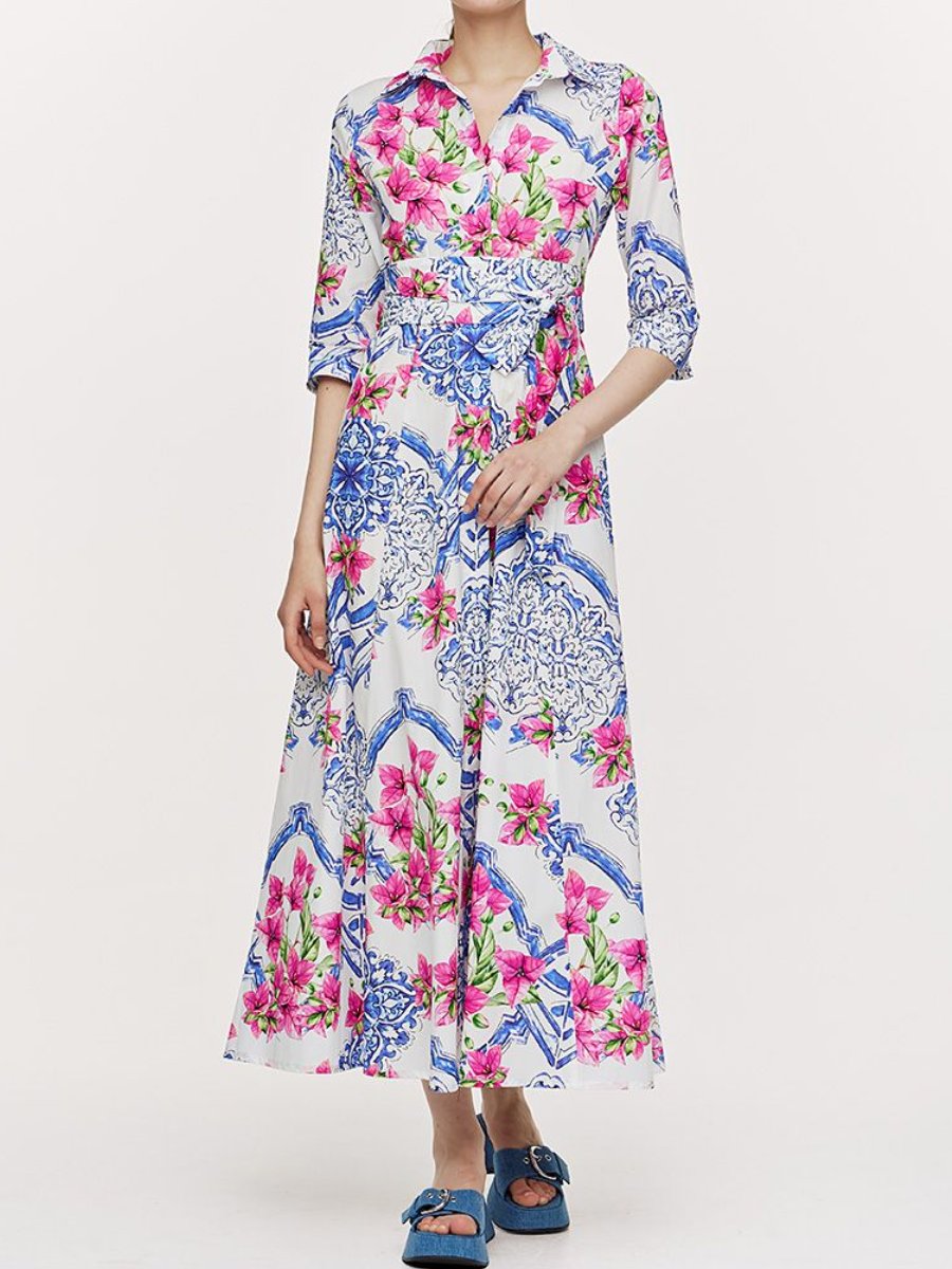 Printed Belt Maxi Shirt Dress