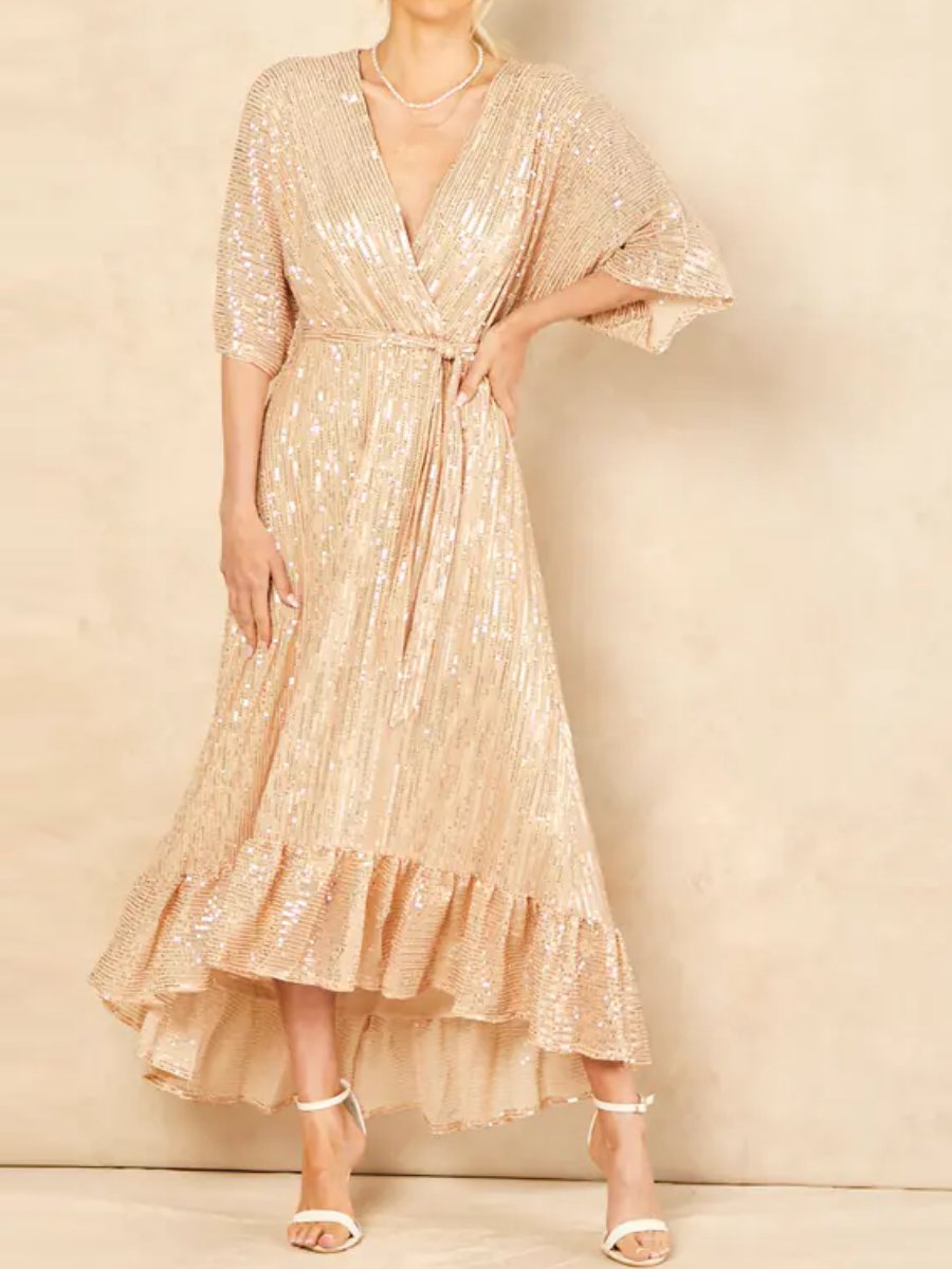 Gold Sequin Plunge Maxi Dress