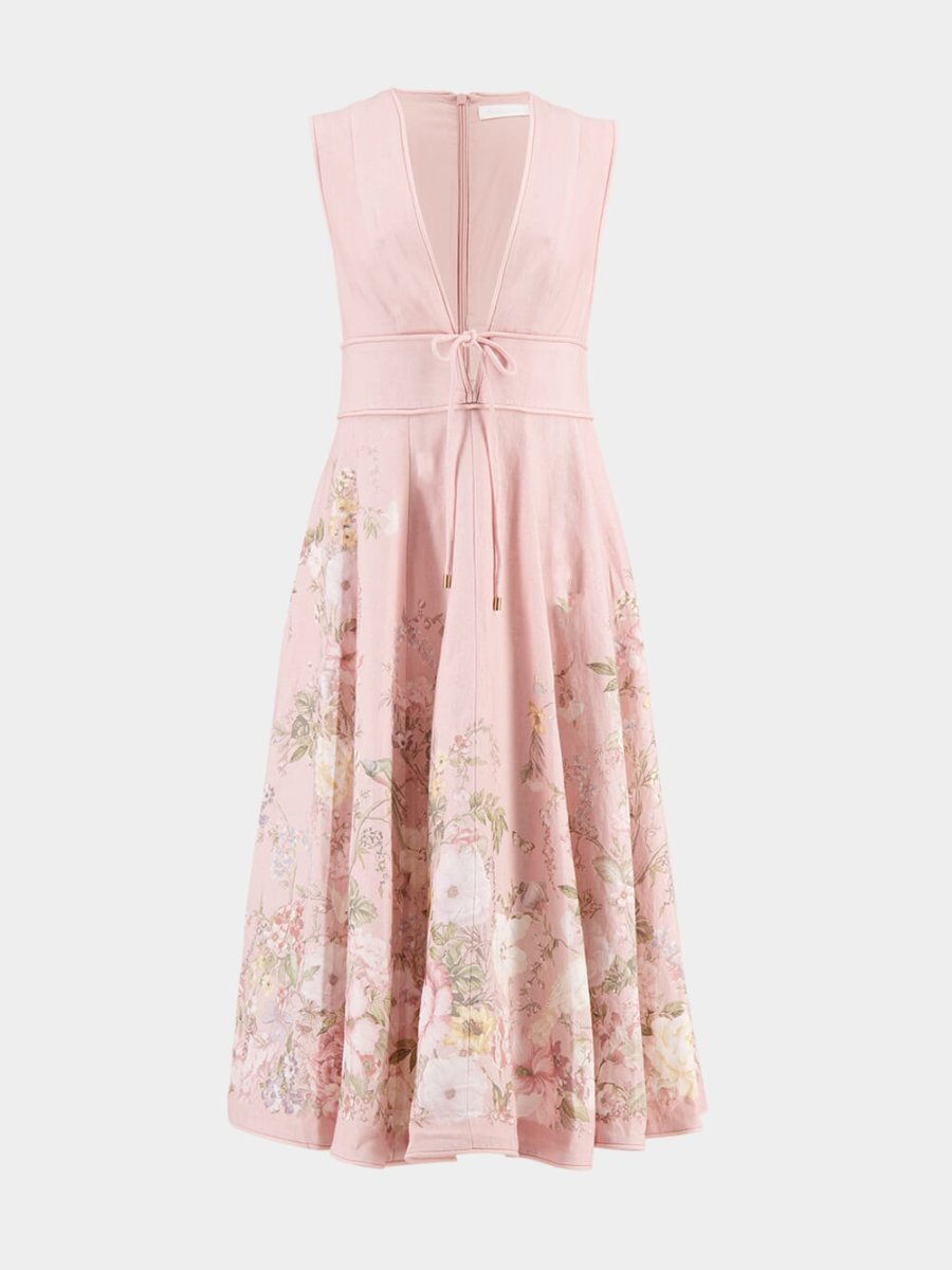 Pleated Floral Print Linen Midi Dress