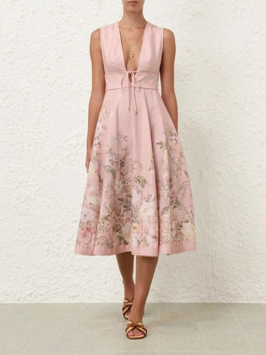 Pleated Floral Print Linen Midi Dress