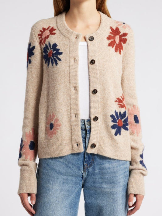 Crewneck Cotton Floral Cardigan