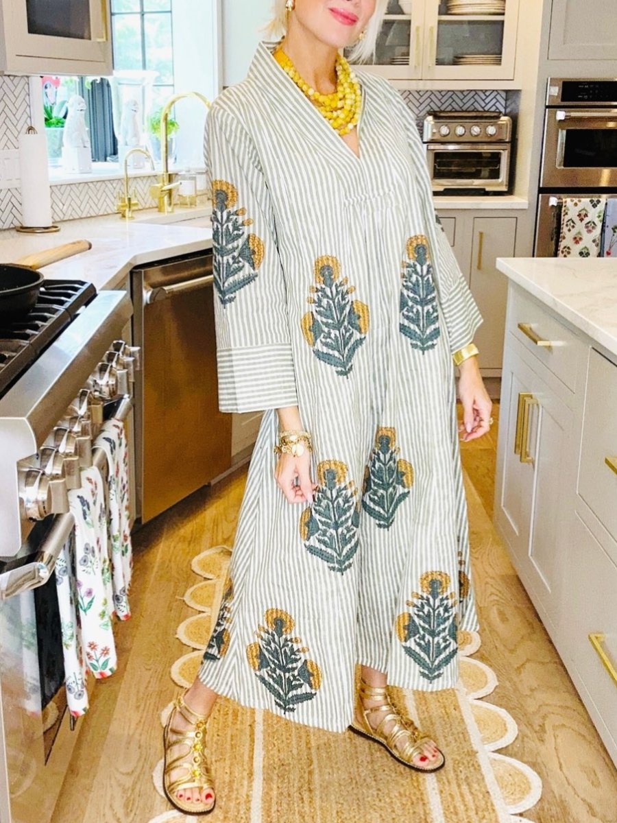 V Neck Cotton Long Sleeved Dress