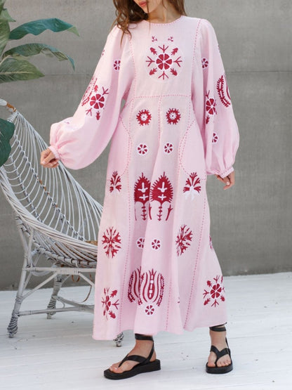 Embroidered Linen Puff Sleeves Dress