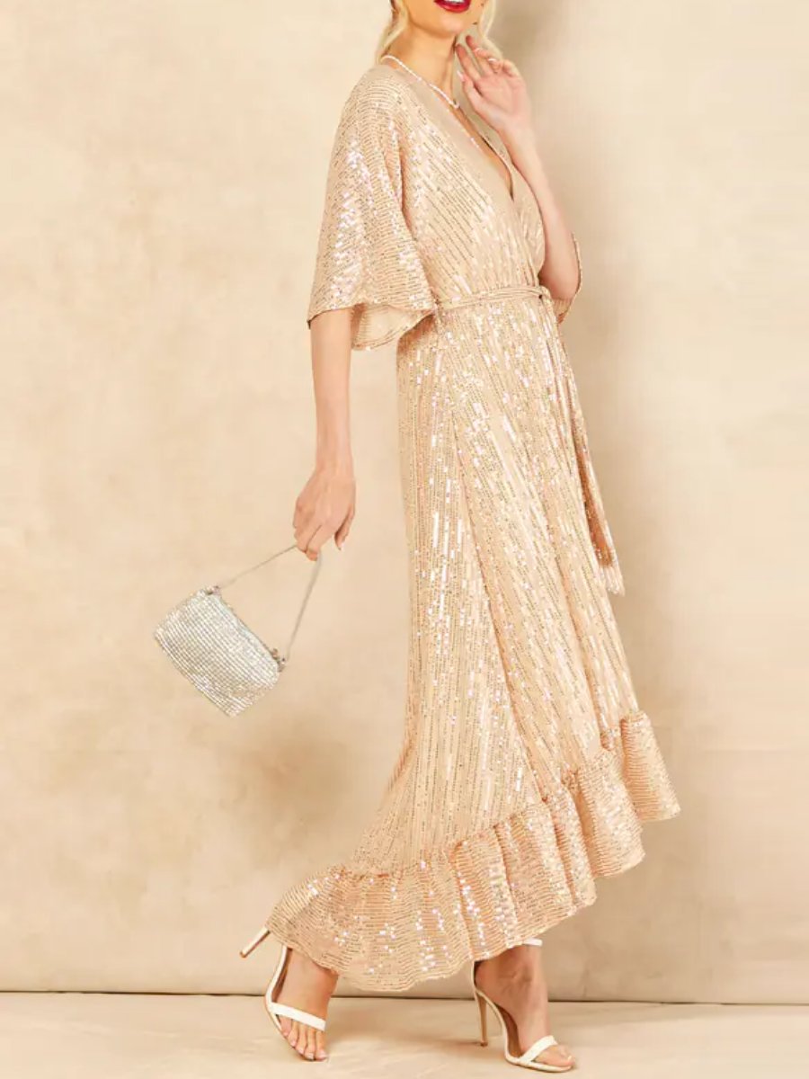 Gold Sequin Plunge Maxi Dress