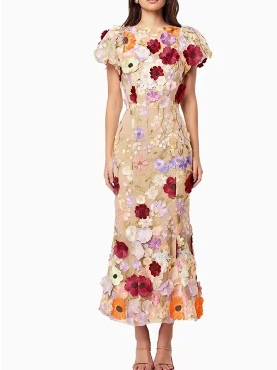 Embroidered Floral Bubble Sleeve Dress