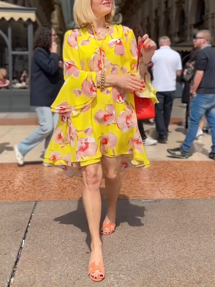 Lightweight Floral Flared Sleeve Dress