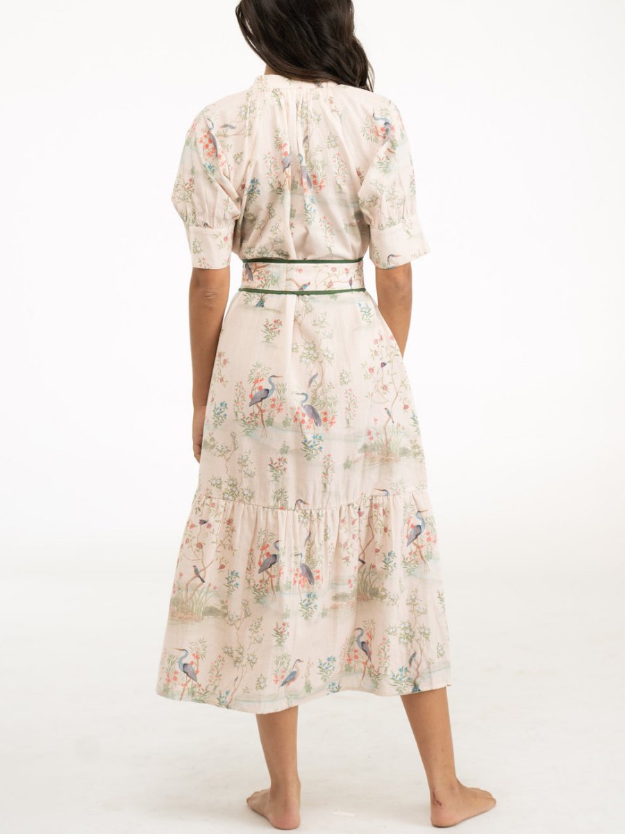 Elegant Flower and Bird Midi Dress