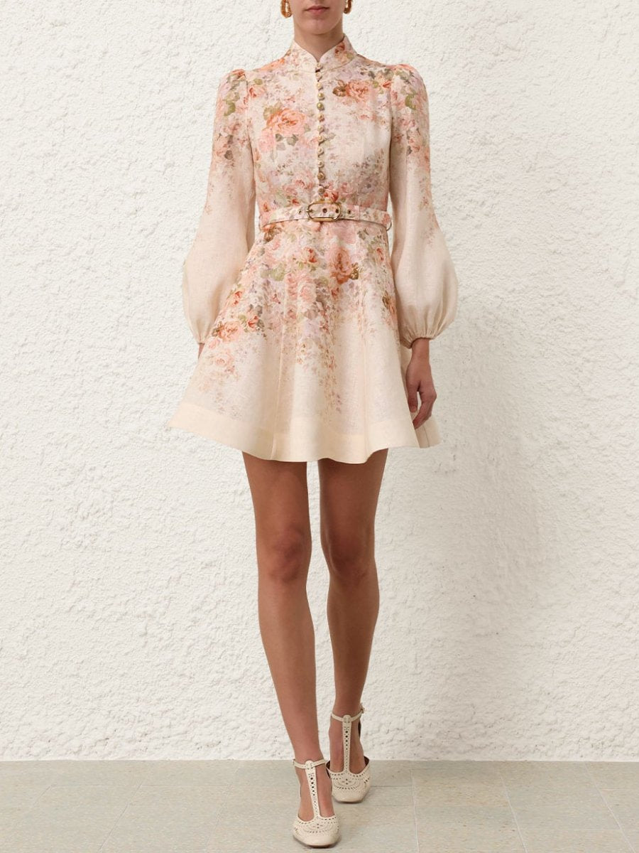 Cream Floral Buttoned Mini Dress