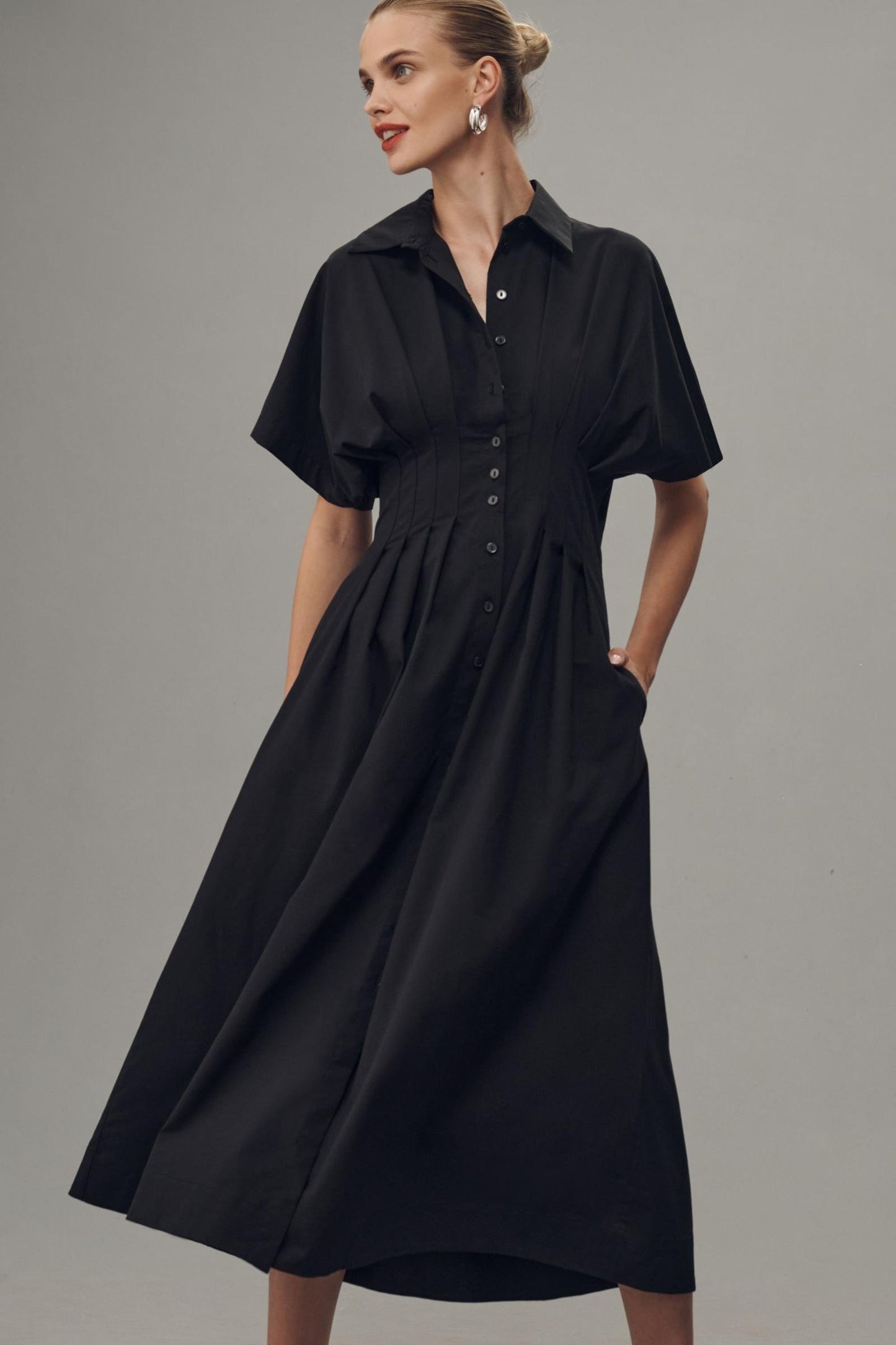 Button-Front Pleated Shirt Dress