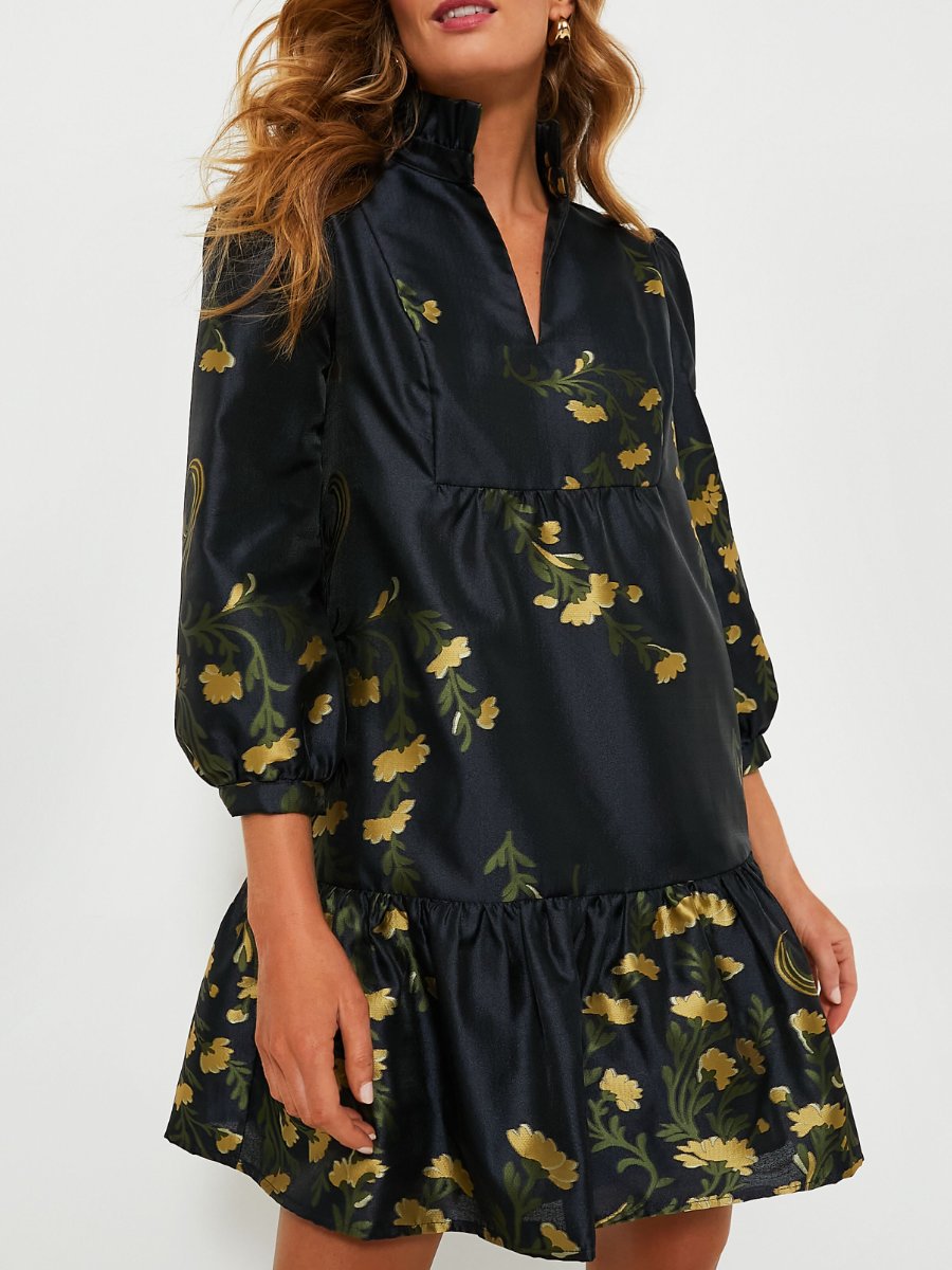 Golden Floral Ruffled Collar Dress