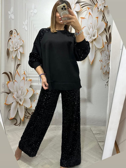 Pullover Long Sleeve Sequined Suit