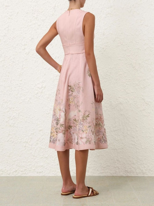 Pleated Floral Print Linen Midi Dress