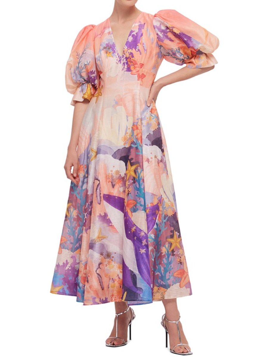 V-neckline Floral Midi Dress