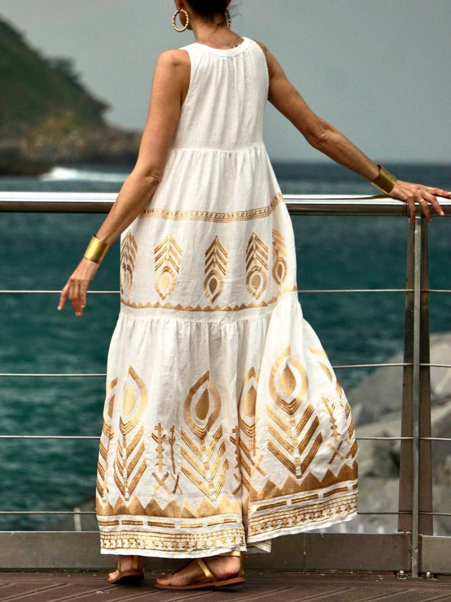 Gold Printed Sleeveless Dress