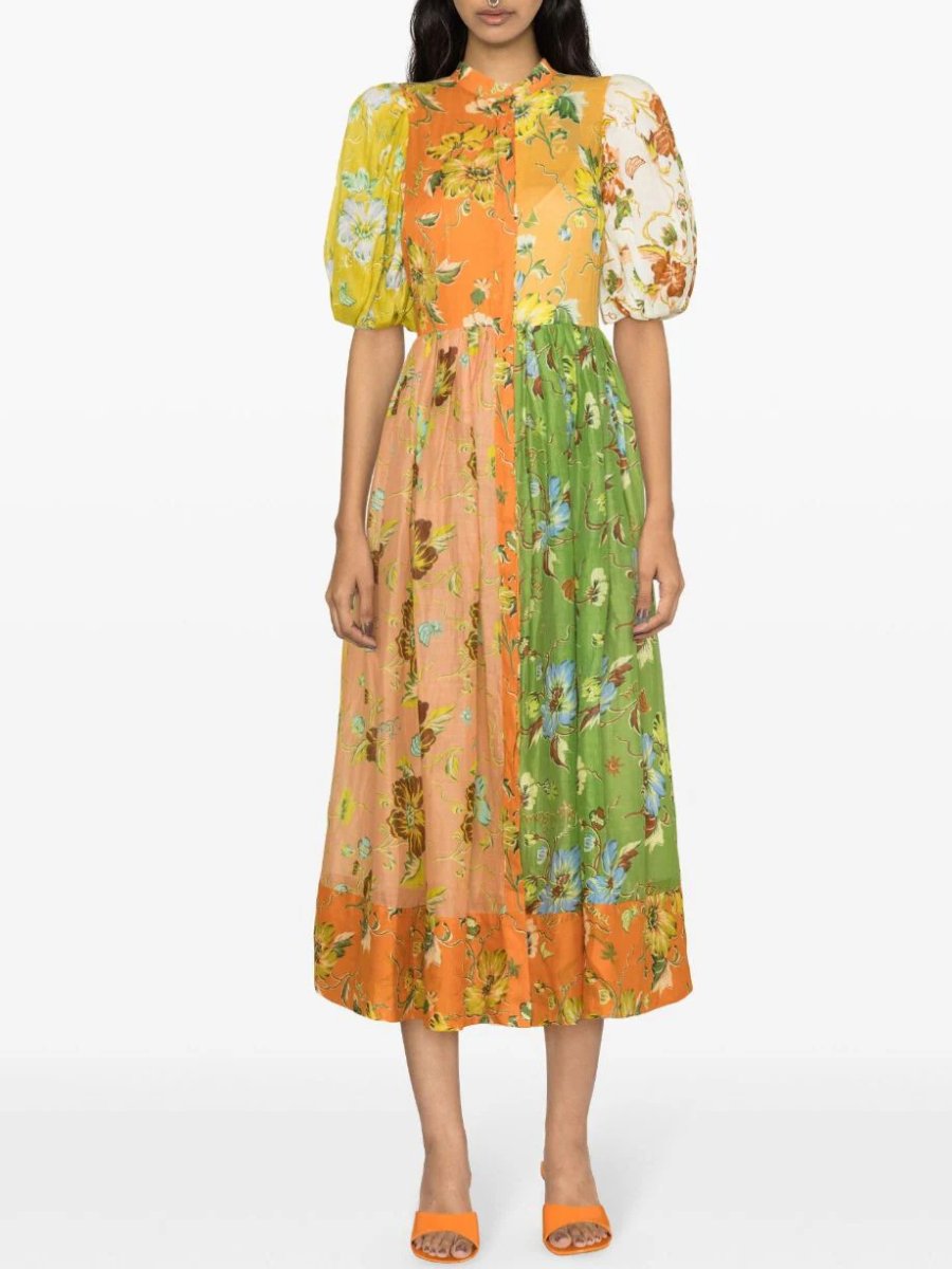 Floral Printed Bubble Sleeve Linen Dress