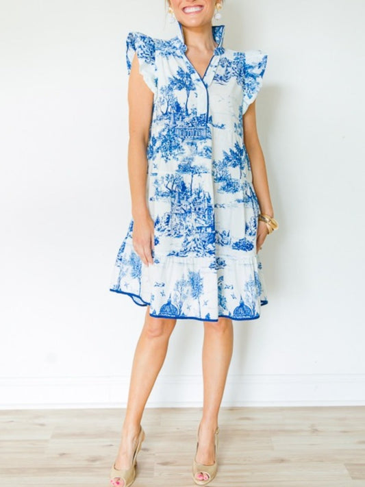 Blue Flutter Sleeve Pattern Dress