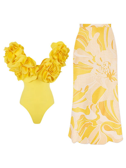 3D Flower Bandeau Two-piece Swimsuit