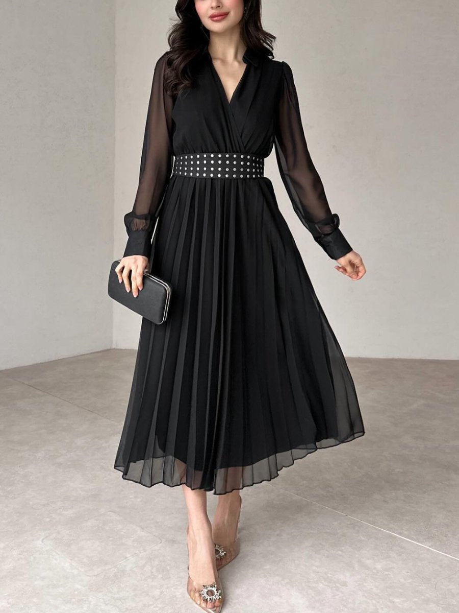 V Neck Long Sleeved Chiffon Dress