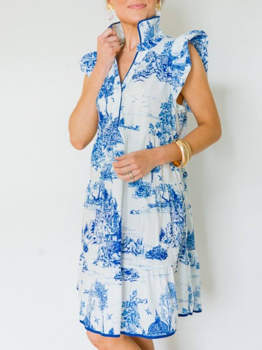 Blue Flutter Sleeve Pattern Dress