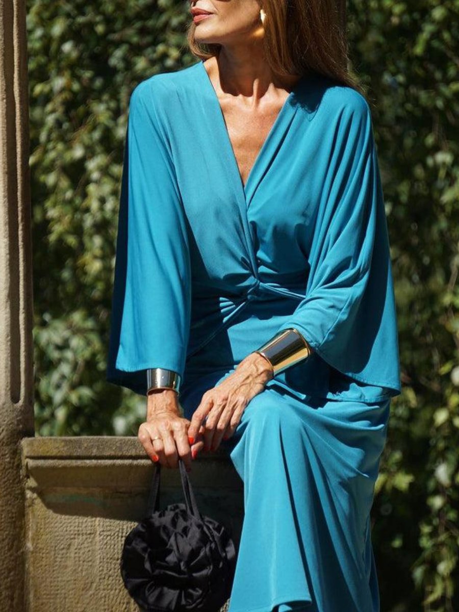 Classy V-Neck Plain Long Sleeve Midi Dress