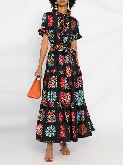 Geometric Print Ruffled Tiered Silk Dress