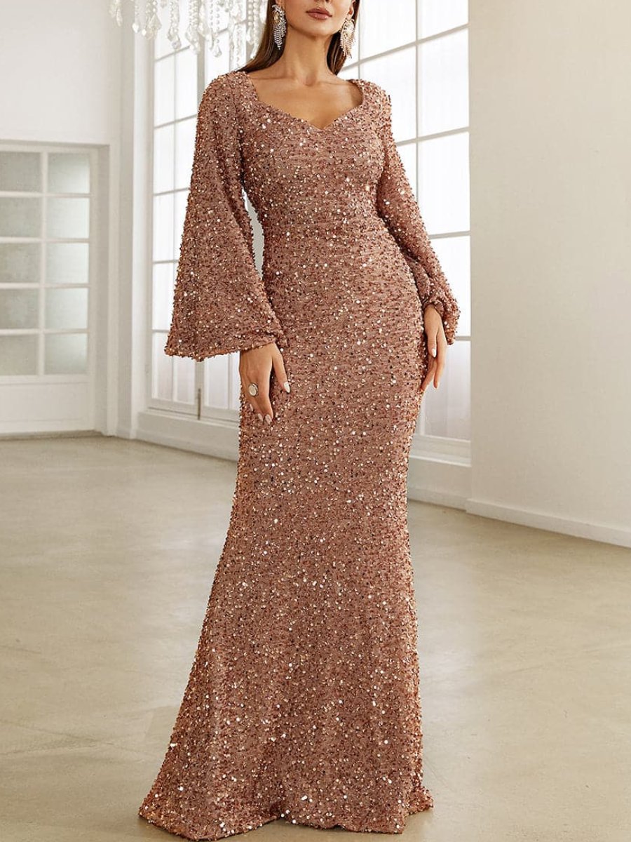 V-Neck Flared Sleeve Evening Dress