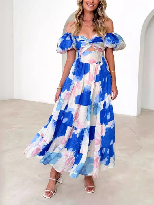 Printed Lantern Sleeve Midi Dress