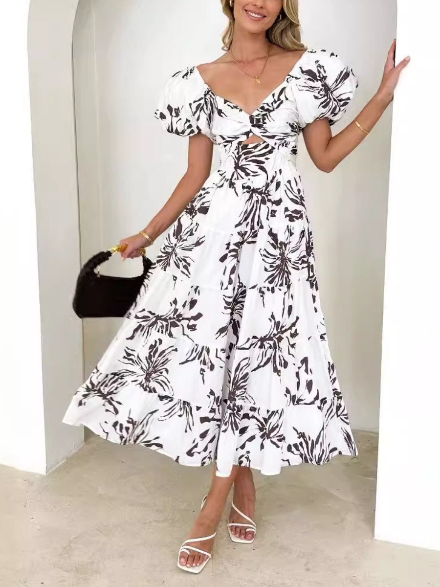 Printed Lantern Sleeve Midi Dress