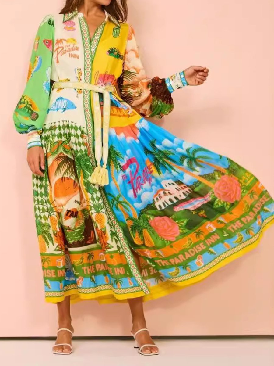 Lantern Sleeve Vacation Printed Dress