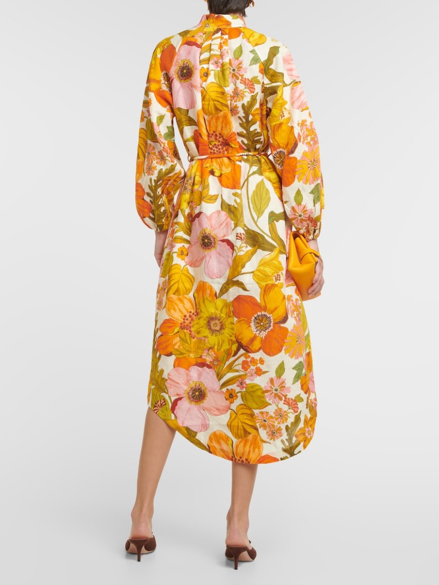 Sunflower Print Linen Shirt Dress