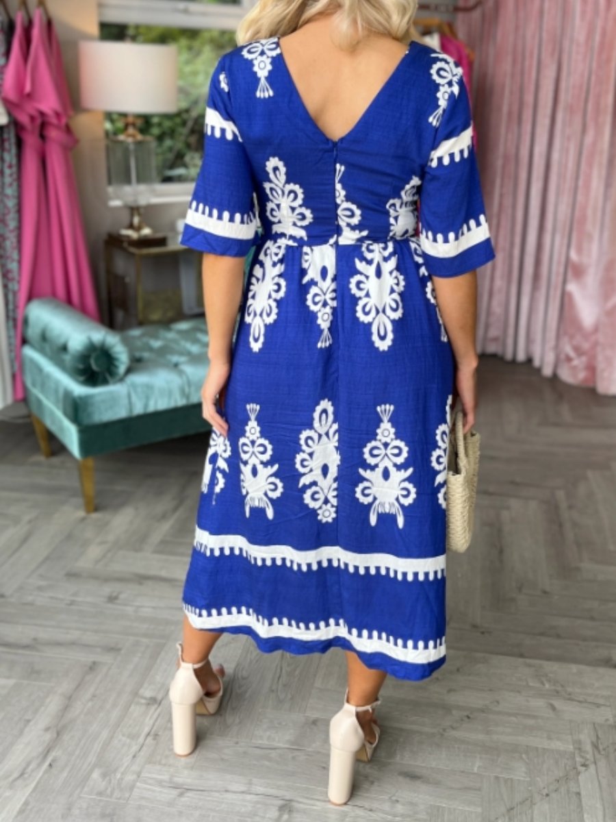 V-neck Printed Short Sleeve Midi Dress