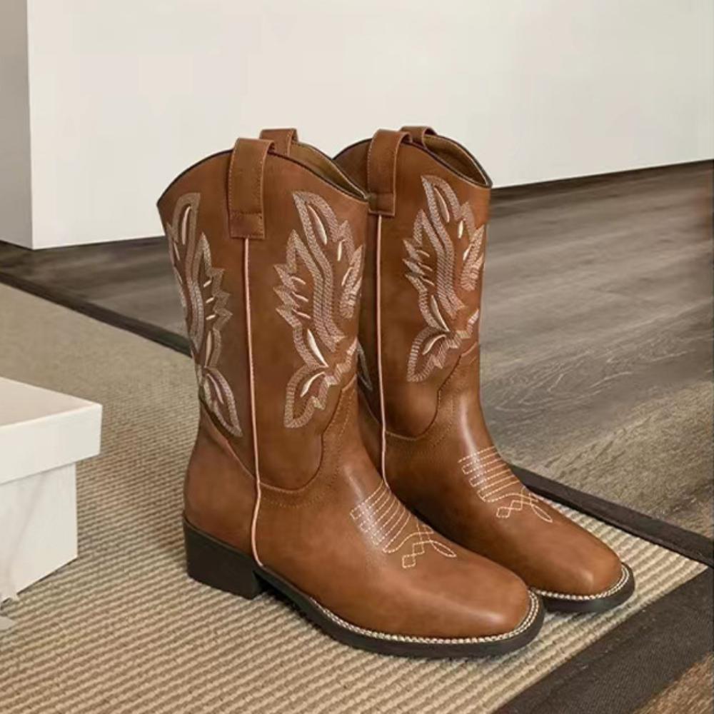 Embroidered Chunky Heel V Mouth Western Rider Boots