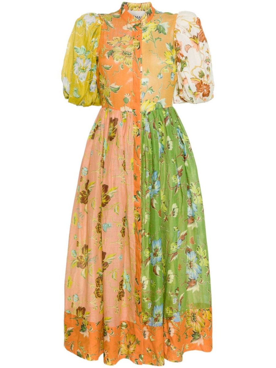 Floral Printed Bubble Sleeve Linen Dress