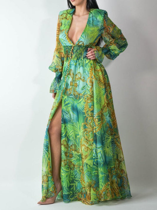 Tropical Patterned V Neck Dress