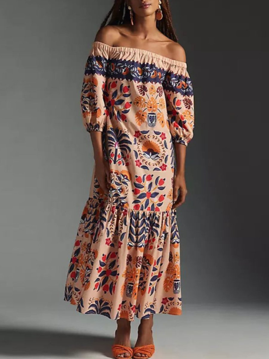 Flowy Off-The-Shoulder Printed Dress