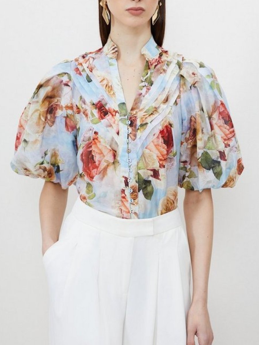 Rose Floral Silk Cotton Woven Blouse