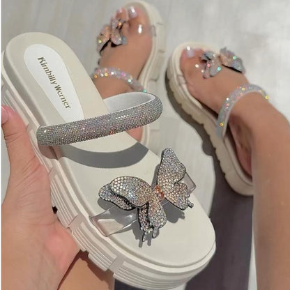 Butterfly Rhinestone Flat Slippers