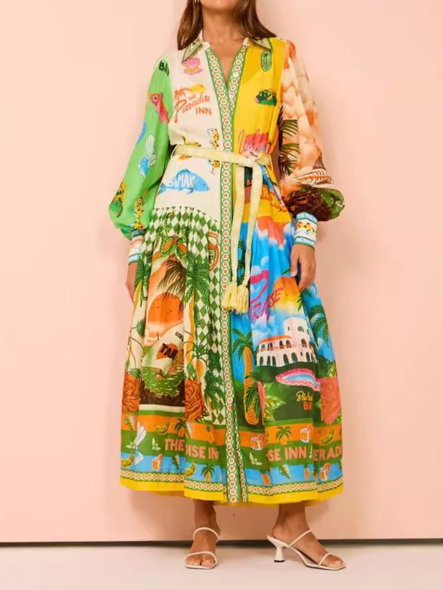 Lantern Sleeve Vacation Printed Dress