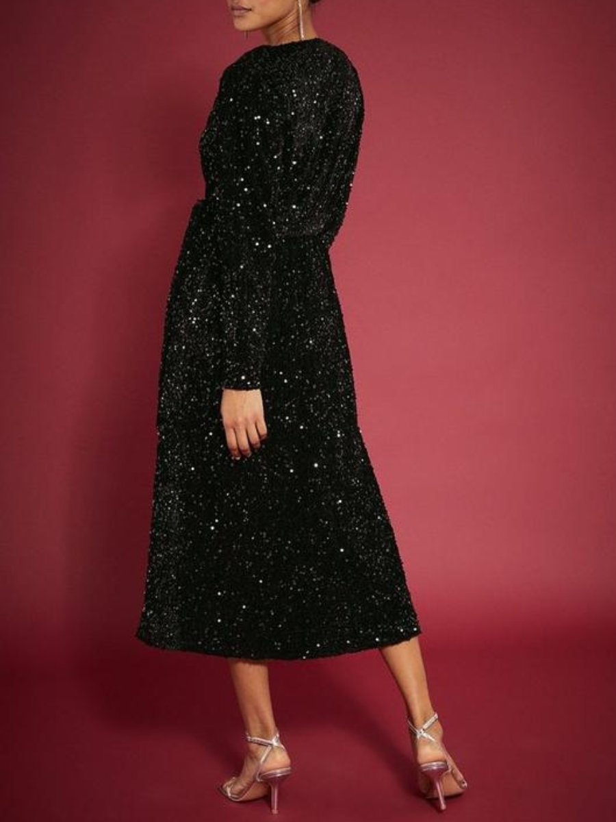 Velvet Sequin Wrap Midi Dress