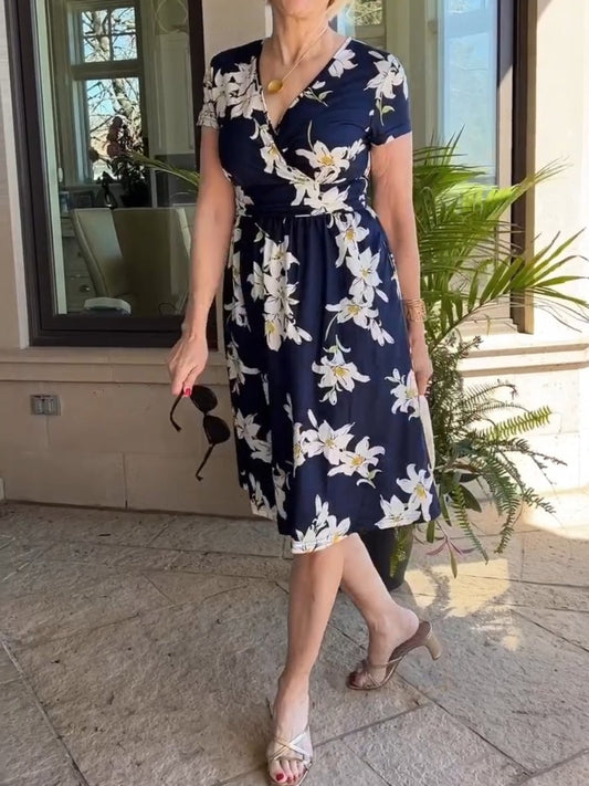 Navy Floral Short Sleeve Dress