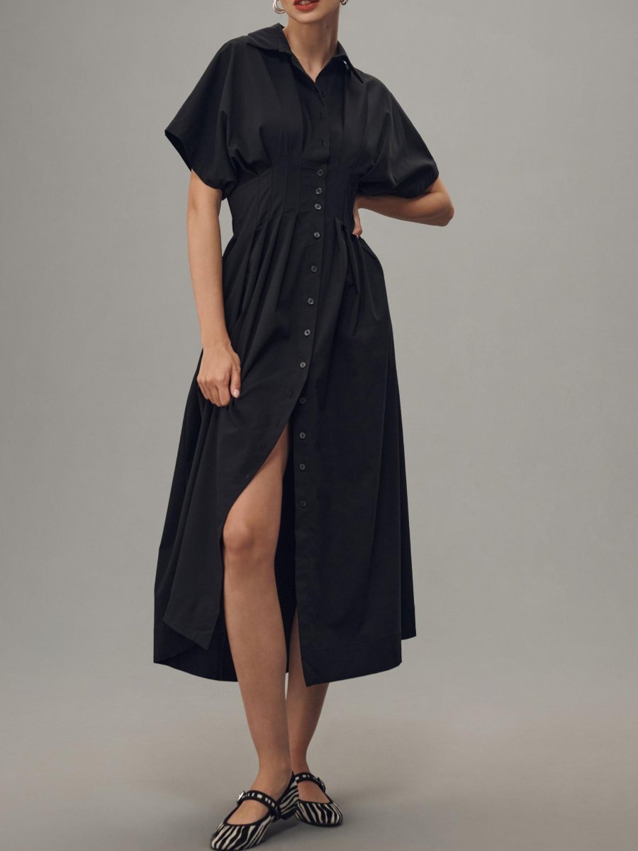 Button-Front Pleated Shirt Dress