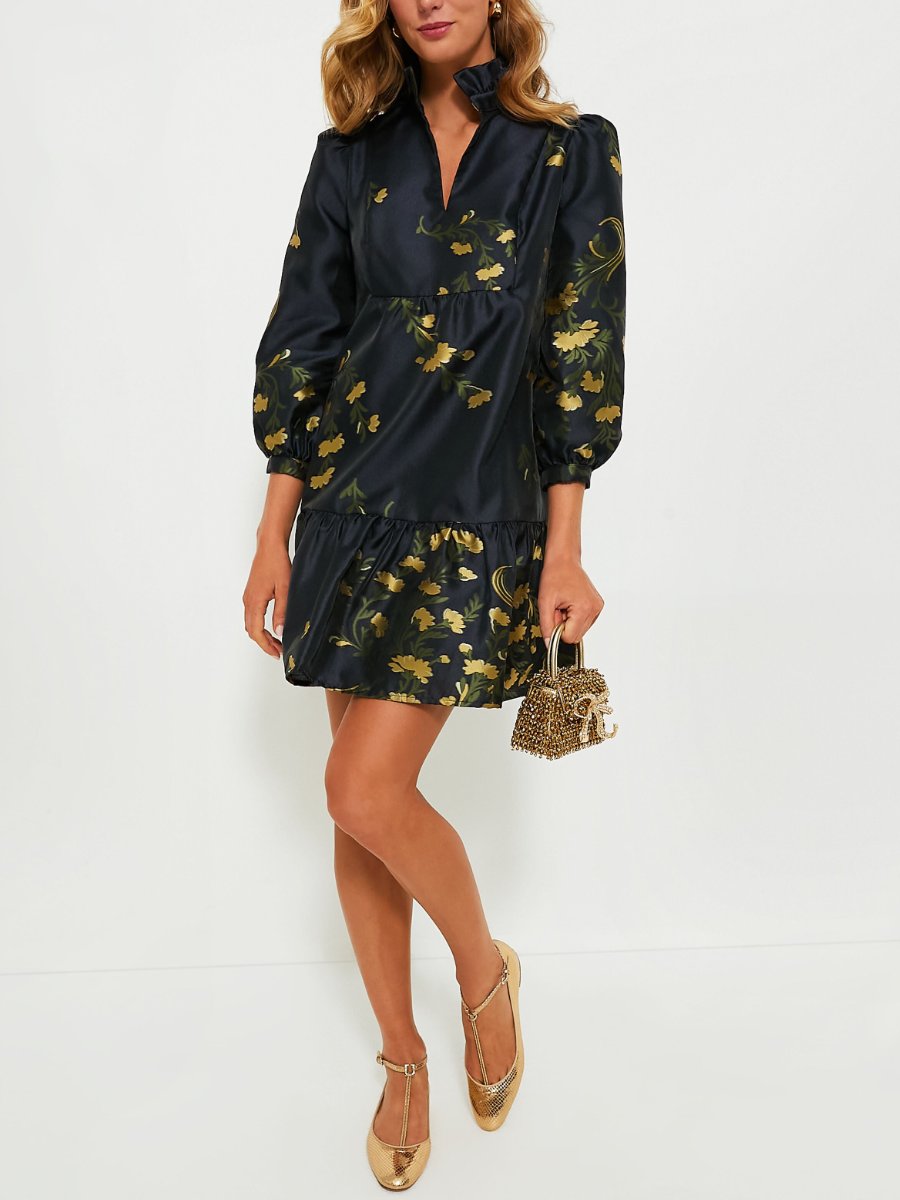 Golden Floral Ruffled Collar Dress