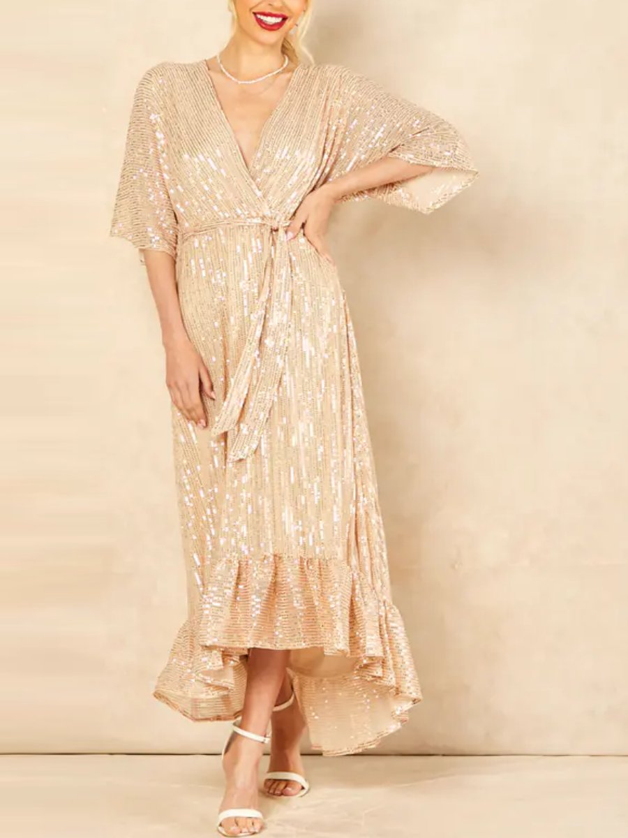 Gold Sequin Plunge Maxi Dress