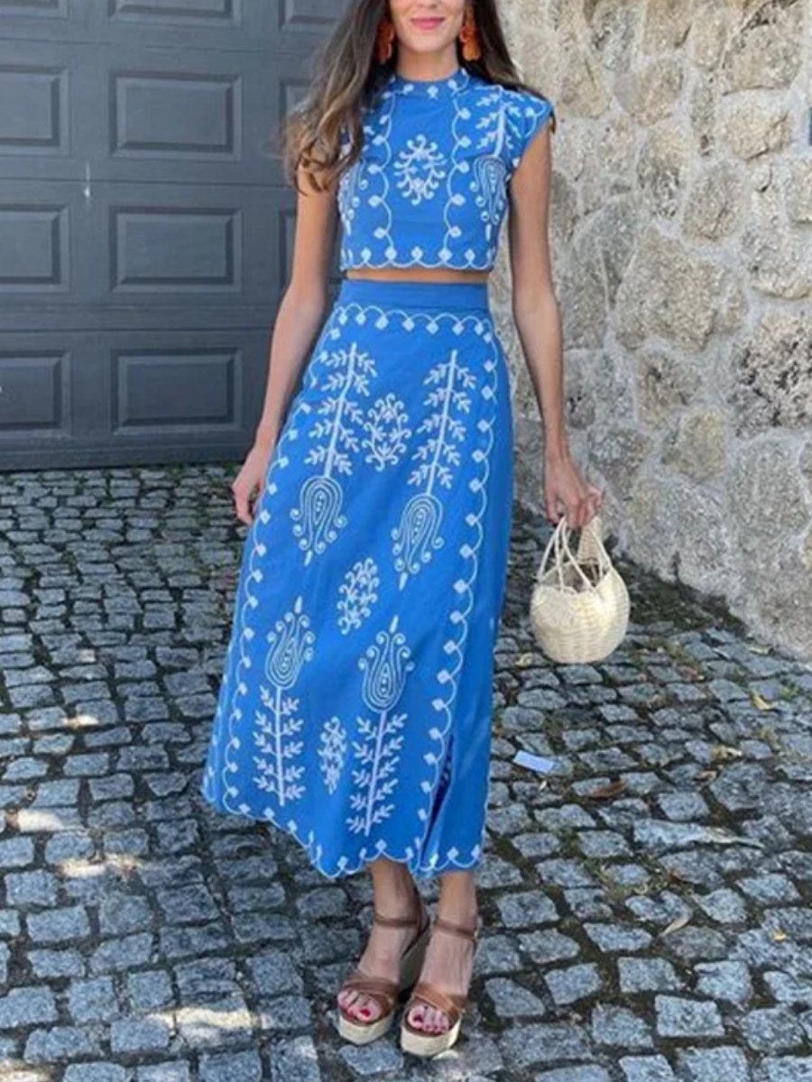 Sleeveless Printed Dress Two Piece Set