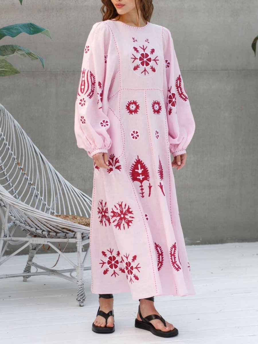 Embroidered Linen Puff Sleeves Dress