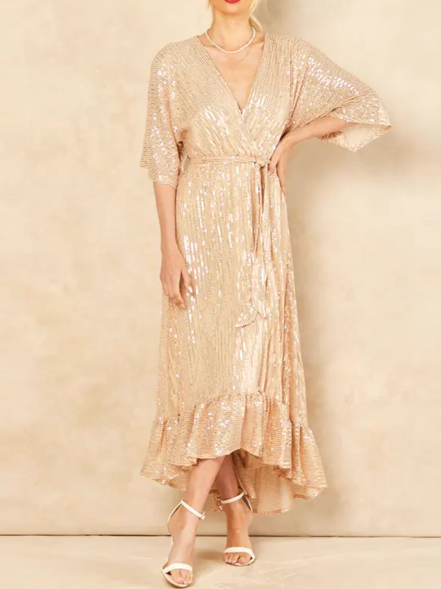 Gold Sequin Plunge Maxi Dress